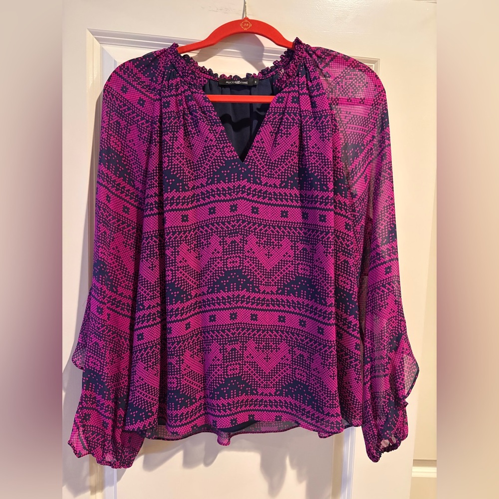 Alice & Trixie 100% Silk Blouse Womens Small Pink Navy Boho Lined Top